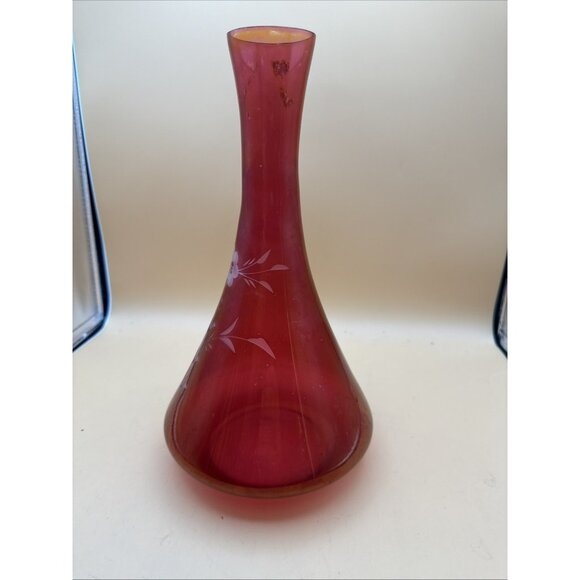 Bohemian Vase Czech Cut To Clear Cranberry Clear Cut Blossoms - Picture 3 of 8